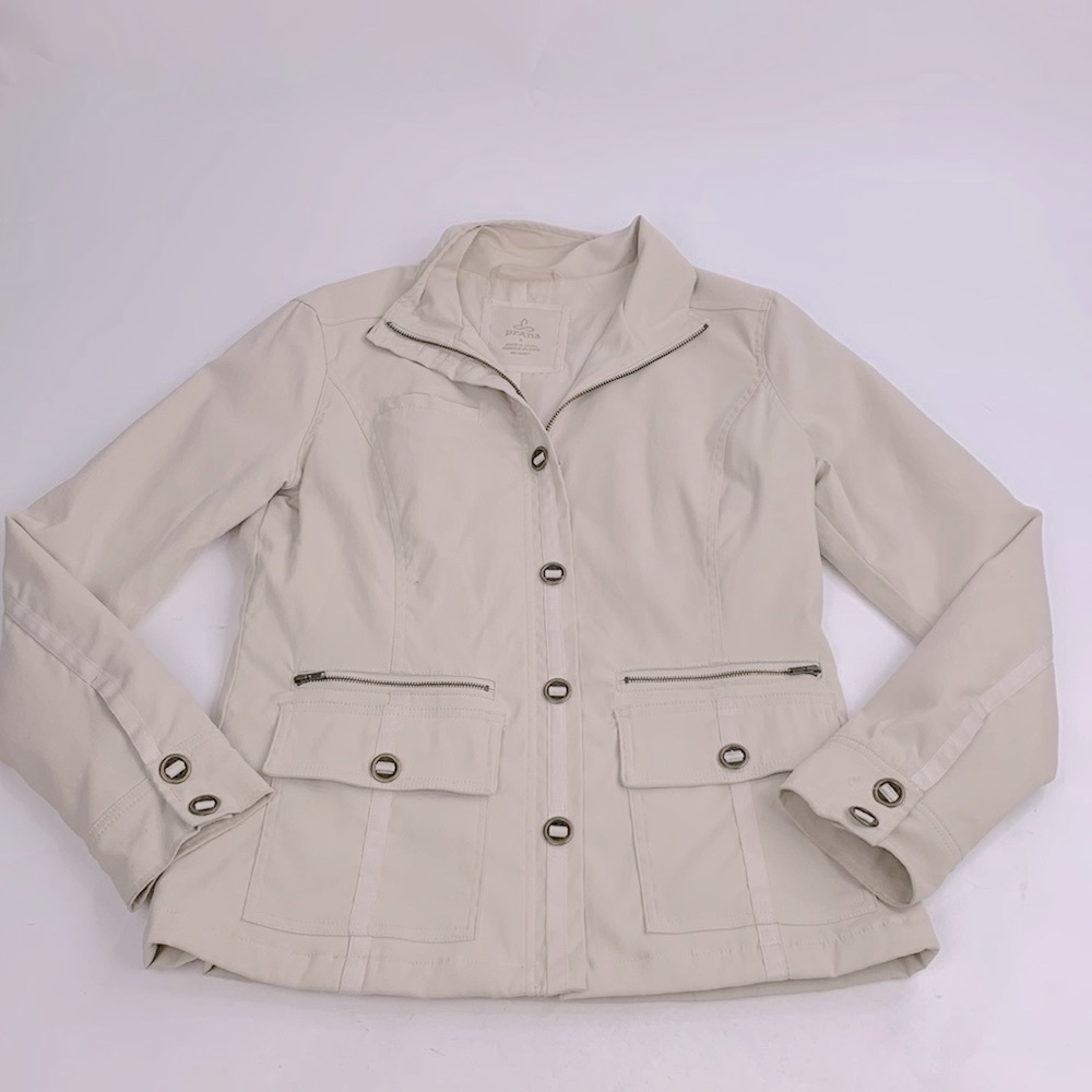 Prana Lined Beige Khaki Zip up Utility Jacket Coat Size Small Zip pockets